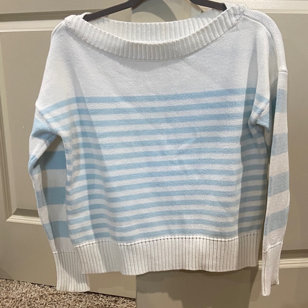 Women's Medium Petite GAP Light Blue & White Striped Knit Sweater